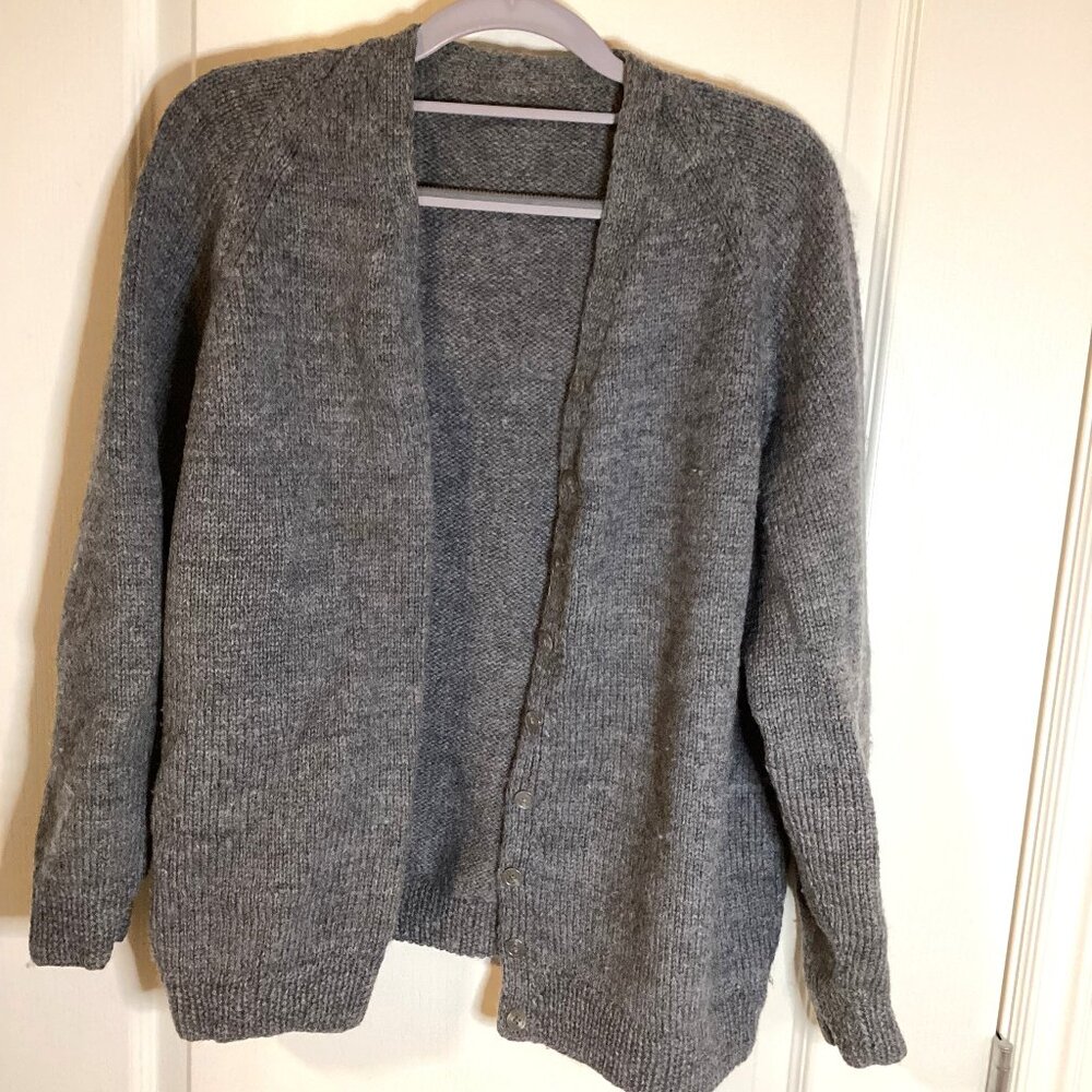 Vintage Handmade Hand Knitted Gray Knit Button Down Cardigan Sweater Size L